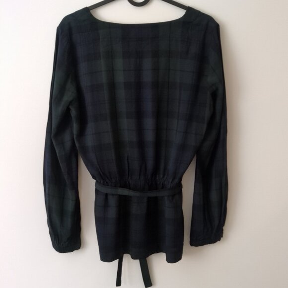 J Crew Mercantile SMALL 4 Womens Blouse Faux Wrap Green Plaid Elastic Cuffs - Picture 2 of 7